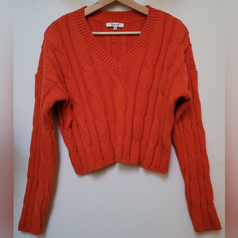 Madewell Cable-Knit V-Neck Crop Sweater In Roasted Squash Orange